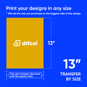 Promotional graphic for dtfcol with a yellow rectangle and text about print sizes on a blue background