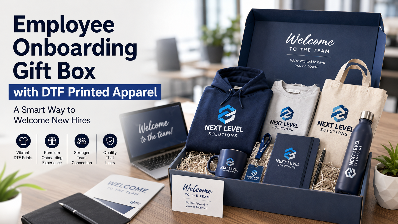 Employee onboarding gift box with DTF printed apparel, branded t-shirt, hoodie, tote bag, notebook and welcome card