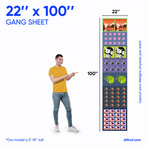 Large sheet with customizable designs and a person pointing to it, with dimensions displayed.