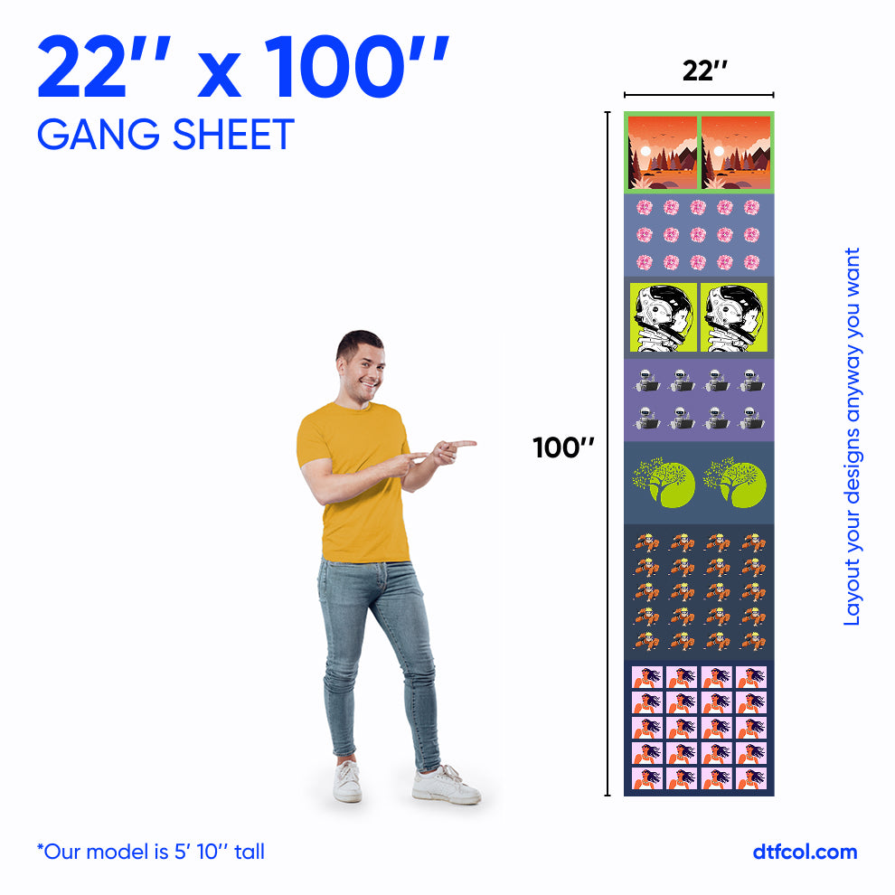 Large sheet with customizable designs and a person pointing to it, with dimensions displayed.