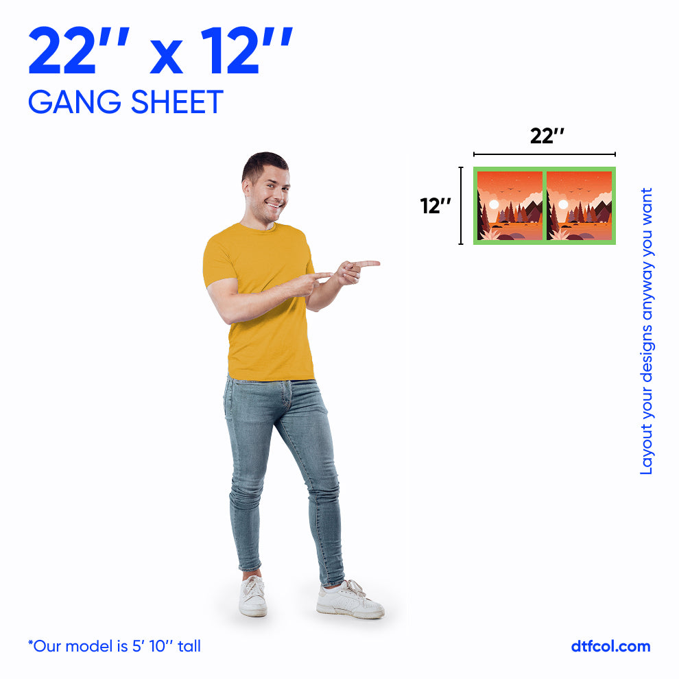 Man pointing to a graphic of a '22'' x 12'' Gang Sheet' with a person holding a design.