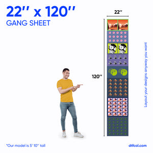 Gang sheet with dimensions 22" x 120" displayed next to a person for scale.