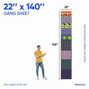 Gang sheet with dimensions 22" x 140" displayed next to a person for scale.