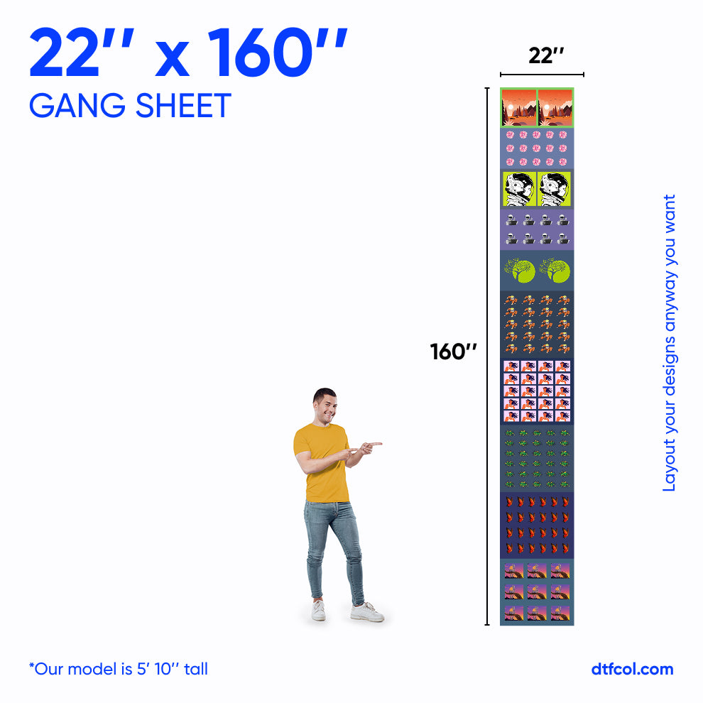 Gang sheet with dimensions 22" x 160" displayed next to a person for scale.
