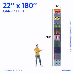 Gang sheet with dimensions 22" x 180" displayed next to a person for scale.