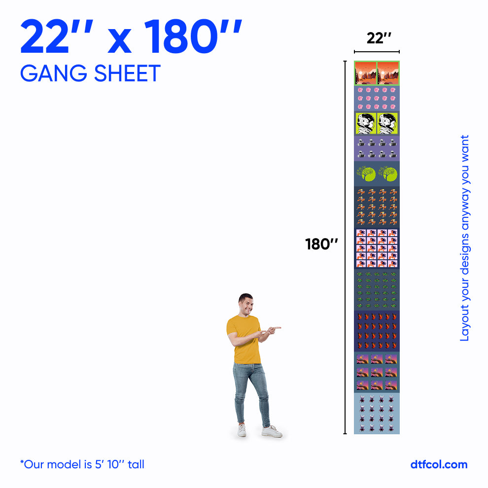 Gang sheet with dimensions 22" x 180" displayed next to a person for scale.