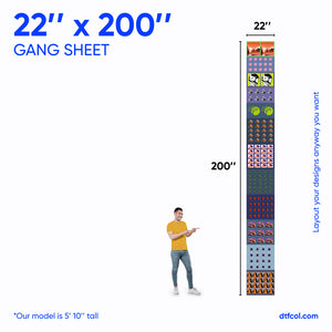 Gang sheet with dimensions 22" x 200" displayed next to a person for scale.