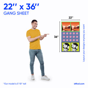 Man pointing to a graphic design sheet with dimensions and customization options on a white background