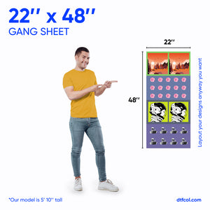 Man pointing to a display of designs on a 'Gang Sheet' with dimensions 22" x 48".