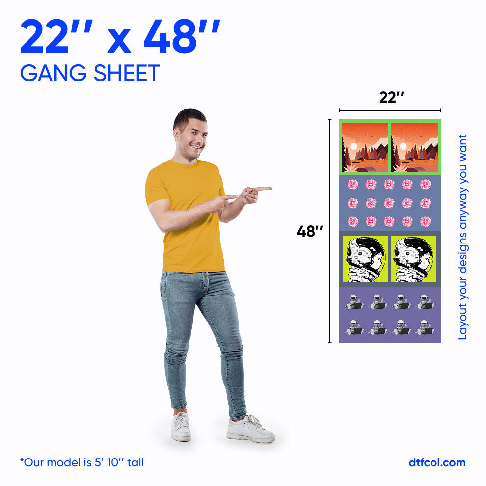 Man pointing to a display of designs on a 'Gang Sheet' with dimensions 22" x 48".