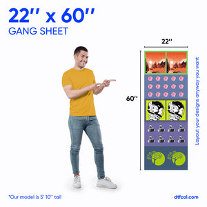 Man pointing to a colorful 'Gang Sheet' with customizable designs, standing next to its dimensions.