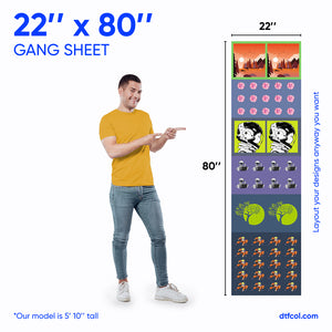 Man pointing to a large display of a 'Gang Sheet' with customizable designs, showing the size of 22" x 80".