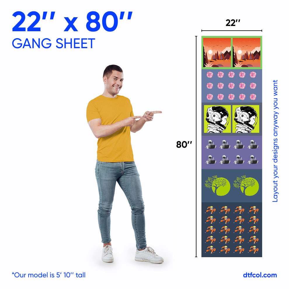 Man pointing to a large display of a 'Gang Sheet' with customizable designs, showing the size of 22" x 80".