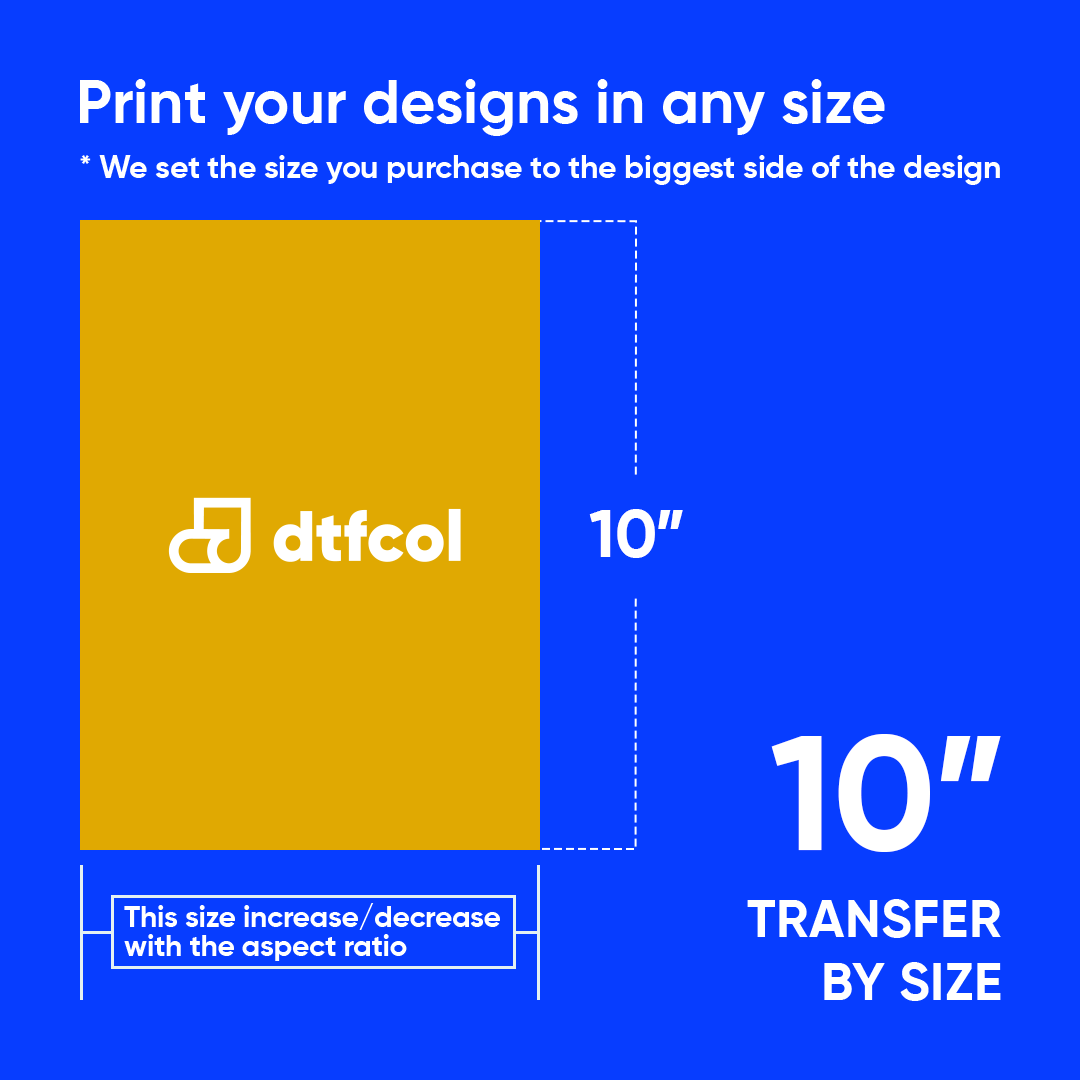 Promotional graphic for dtfcol with a yellow rectangle and text about print sizes on a blue background