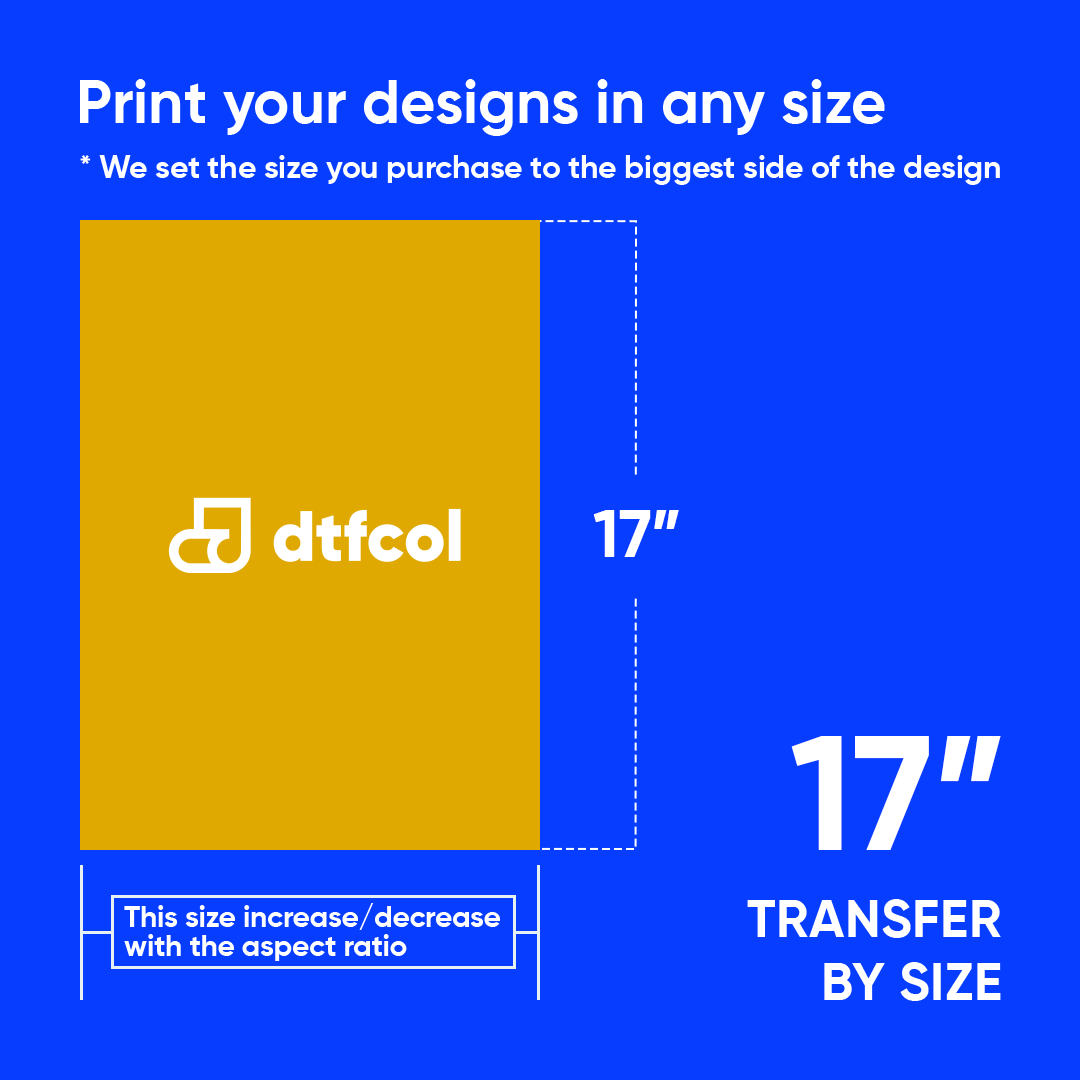 Promotional graphic for dtfcol with a yellow rectangle and text about print sizes on a blue background