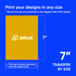 Promotional graphic for dtfcol with a yellow rectangle and text about print sizes on a blue background