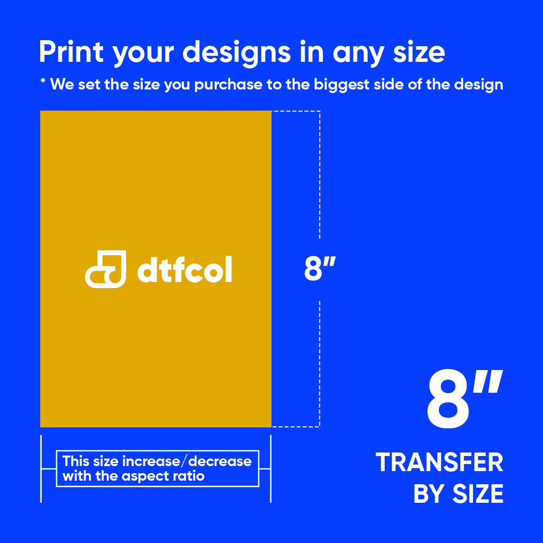 Promotional graphic for dtfcol with an 8-inch transfer size on a blue background