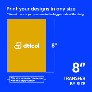 Promotional graphic for dtfcol with an 8-inch transfer size on a blue background